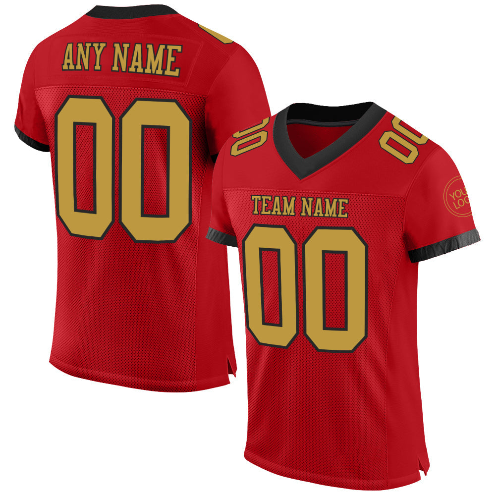 Custom Red Old Gold-Black Mesh Authentic Football Jersey - Main View