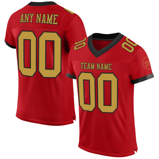 Custom Red Old Gold-Black Mesh Authentic Football Jersey - Main View