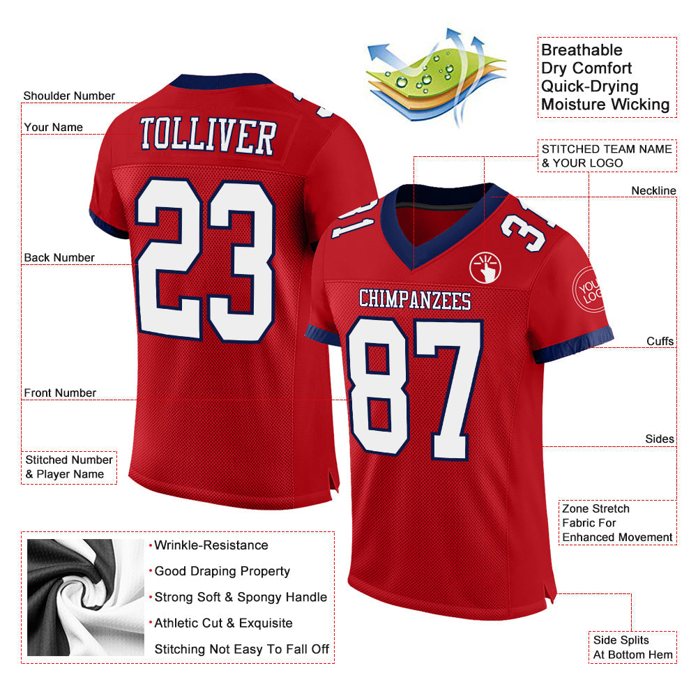 Custom Red White-Navy Mesh Authentic Football Jersey view 2