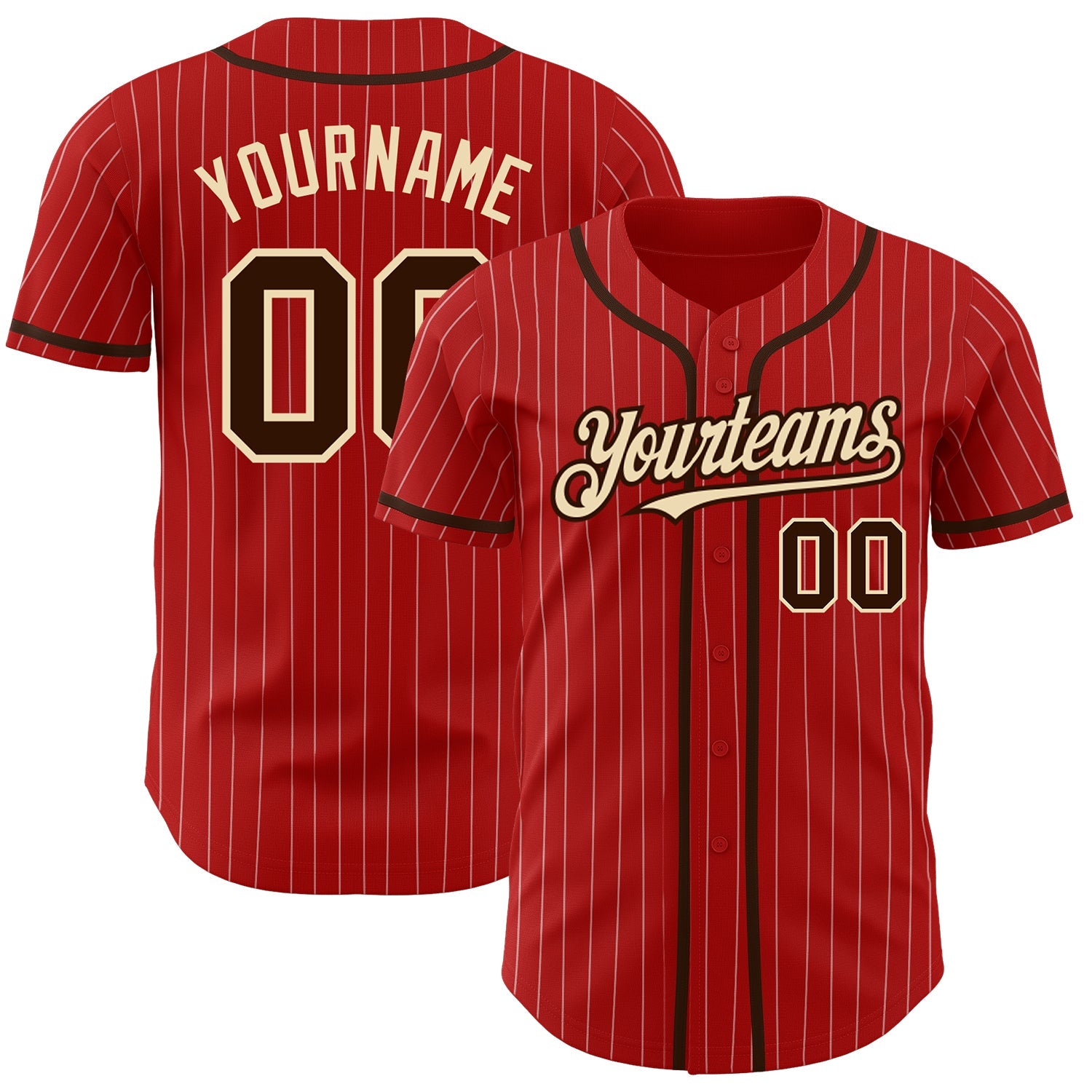 Custom Red White Pinstripe Brown-City Cream Authentic Baseball Jersey - Main View