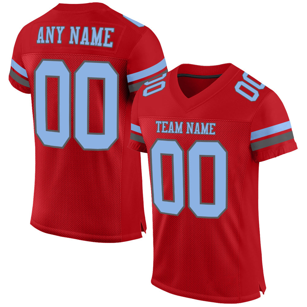Custom Red Light Blue-Steel Gray Mesh Authentic Football Jersey - Main View