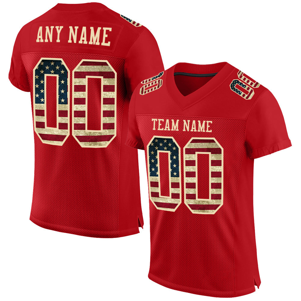 Custom Red Vintage USA Flag-City Cream Mesh Authentic Football Jersey - Main View