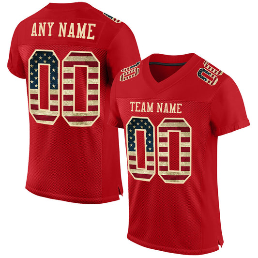 Custom Red Vintage USA Flag-City Cream Mesh Authentic Football Jersey - Main View