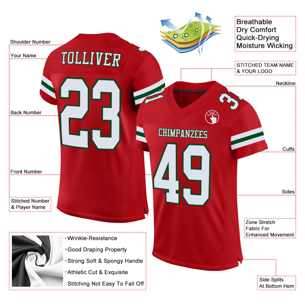 Custom Red White-Green Mesh Authentic Football Jersey view 2