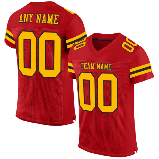 Custom Red Gold-Black Mesh Authentic Football Jersey - Main View