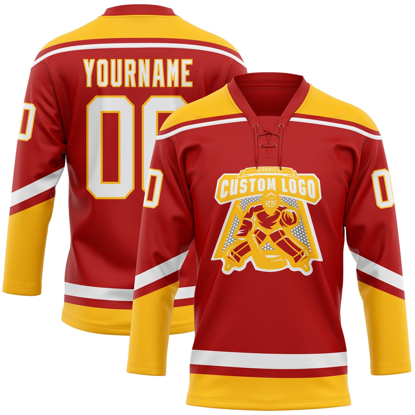 Custom Red White-Gold Hockey Lace Neck Jersey view 2