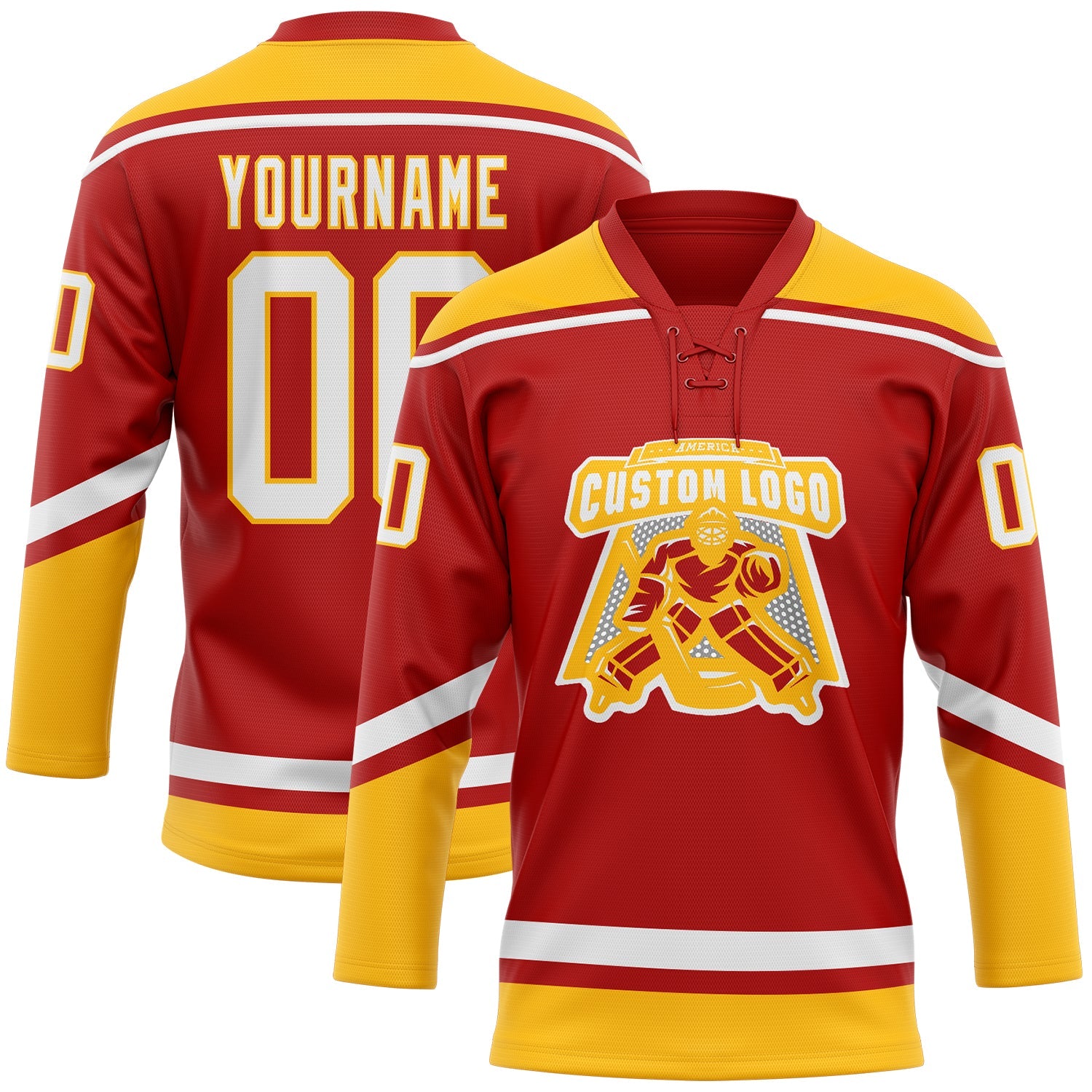 Custom Red White-Gold Hockey Lace Neck Jersey view 2