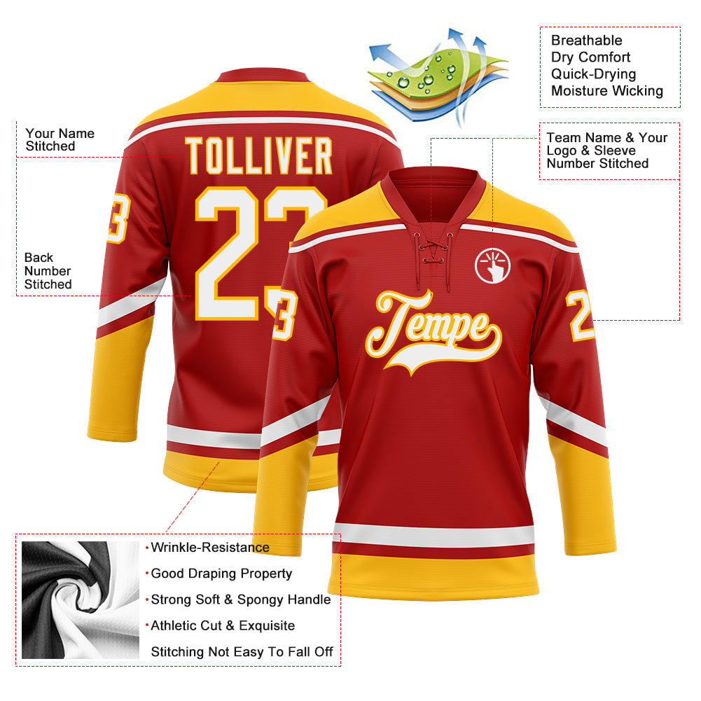 Custom Red White-Gold Hockey Lace Neck Jersey view 3