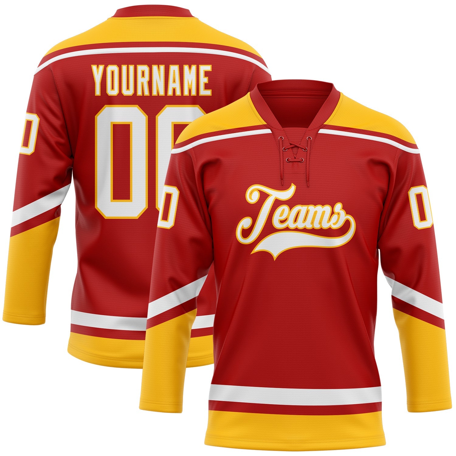 Custom Red White-Gold Hockey Lace Neck Jersey - Main View