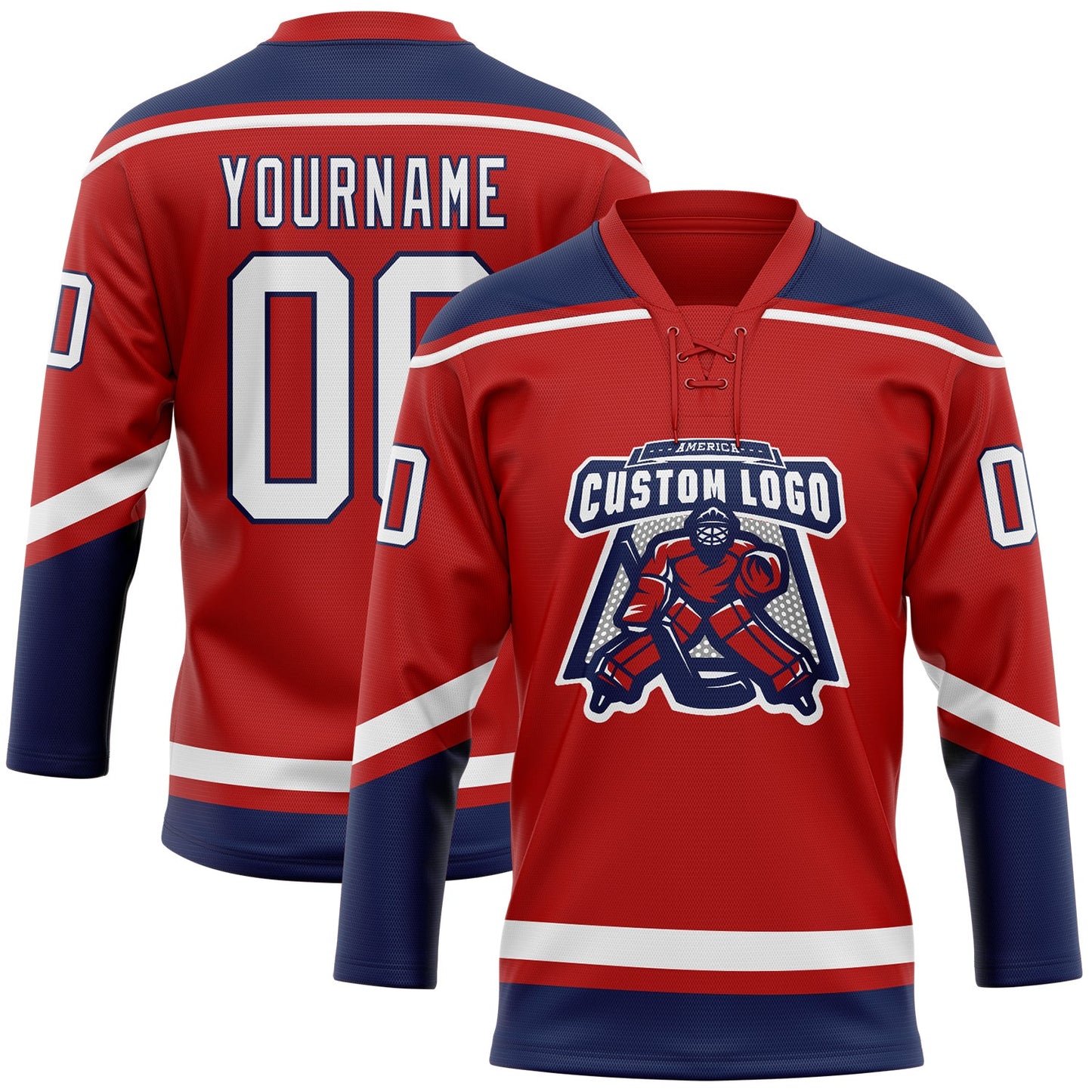 Custom Red White-Navy Hockey Lace Neck Jersey view 2