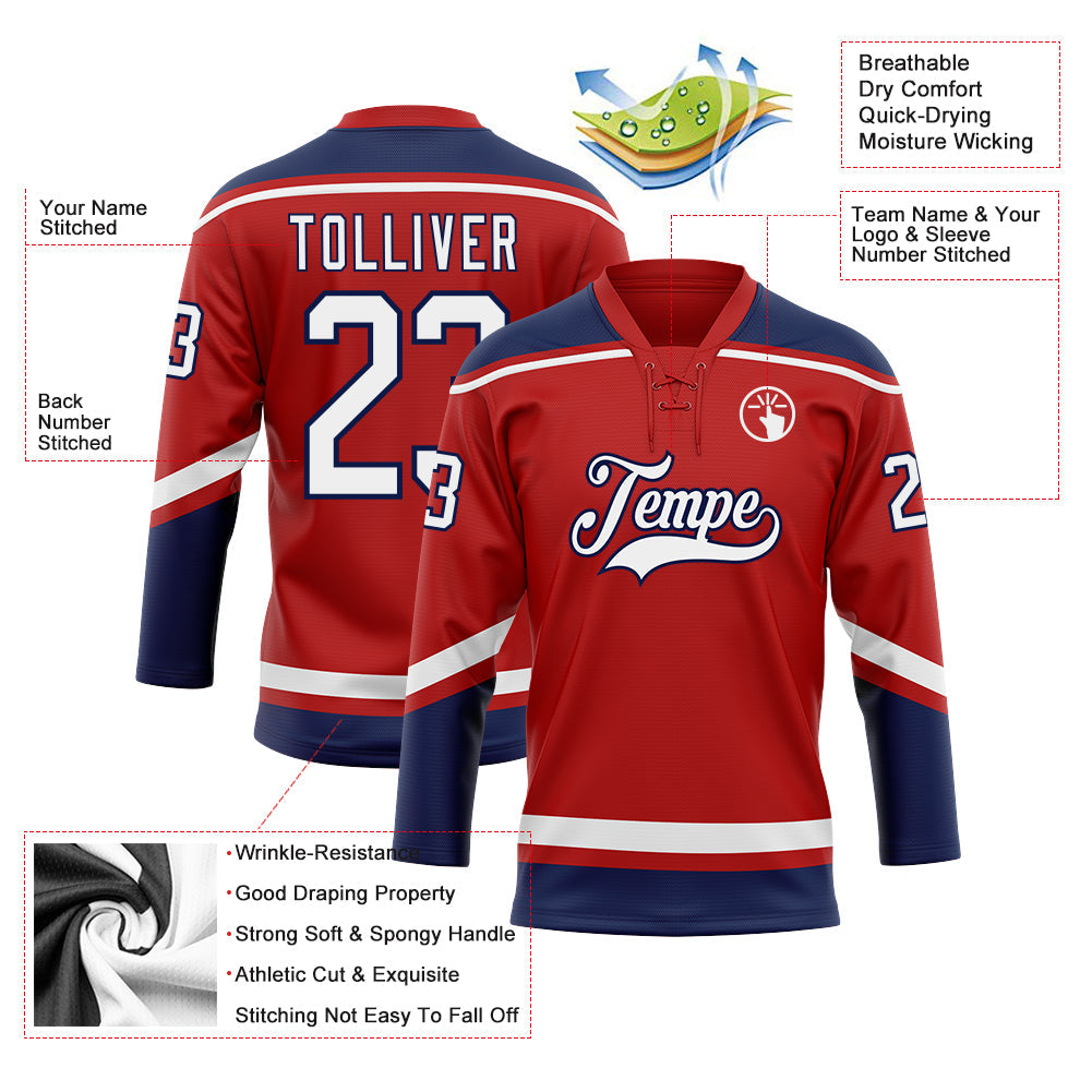 Custom Red White-Navy Hockey Lace Neck Jersey view 3