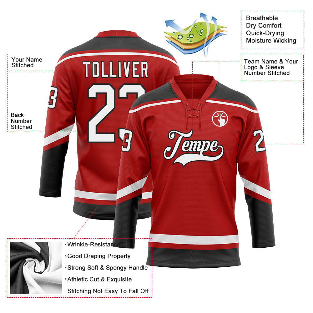 Custom Red White-Black Hockey Lace Neck Jersey view 3