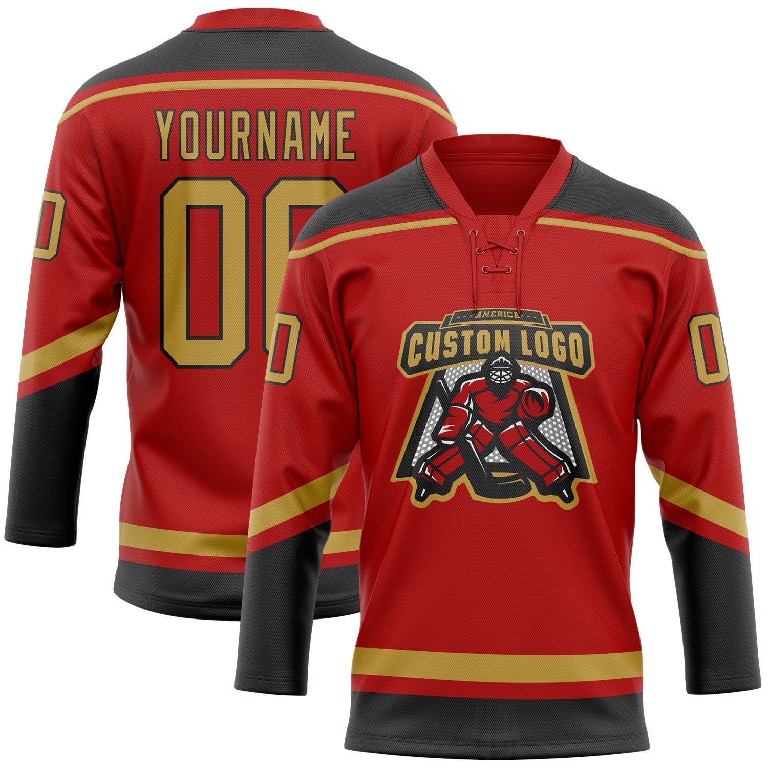 Custom Red Old Gold-Black Hockey Lace Neck Jersey view 2