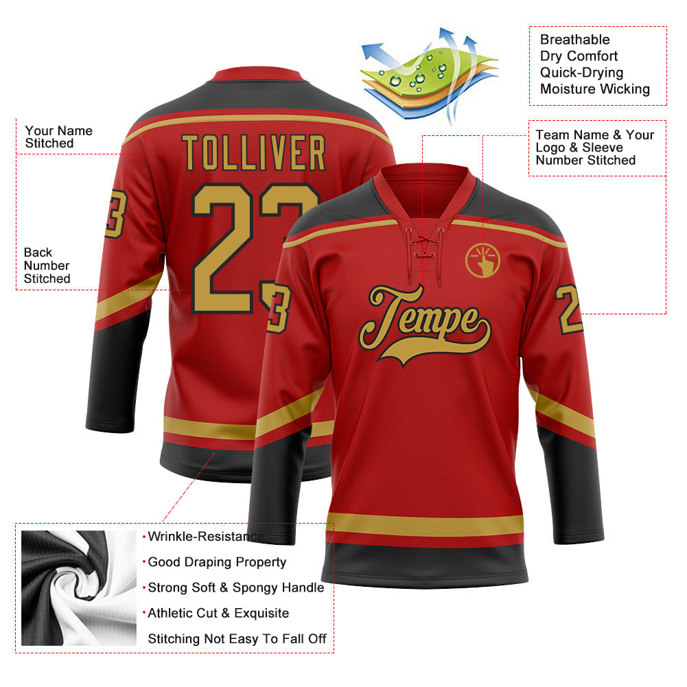 Custom Red Old Gold-Black Hockey Lace Neck Jersey view 3