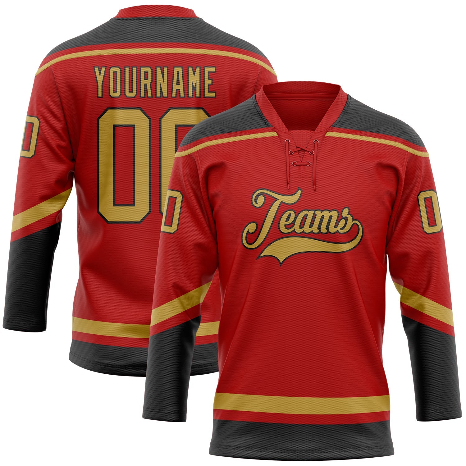 Custom Red Old Gold-Black Hockey Lace Neck Jersey - Main View