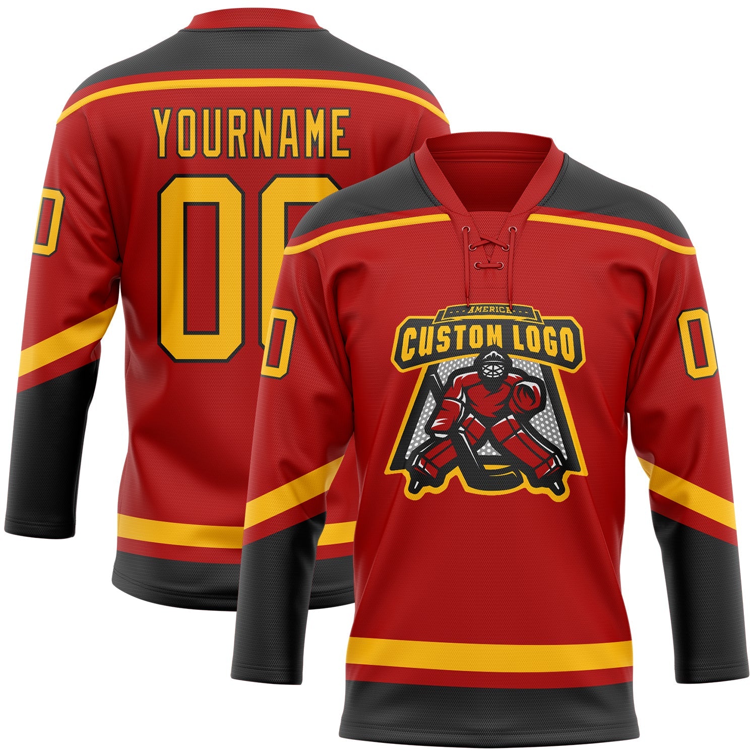 Custom Red Gold-Black Hockey Lace Neck Jersey view 2