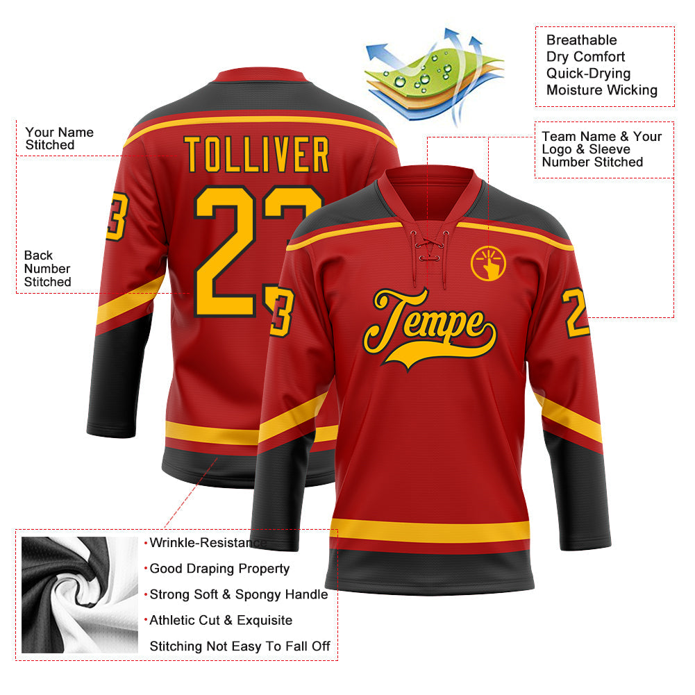 Custom Red Gold-Black Hockey Lace Neck Jersey view 3