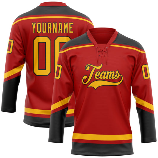 Custom Red Gold-Black Hockey Lace Neck Jersey - Main View