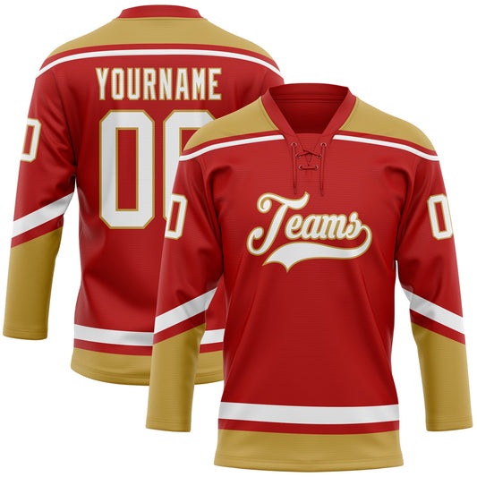 Custom Red White-Old Gold Hockey Lace Neck Jersey - Main View