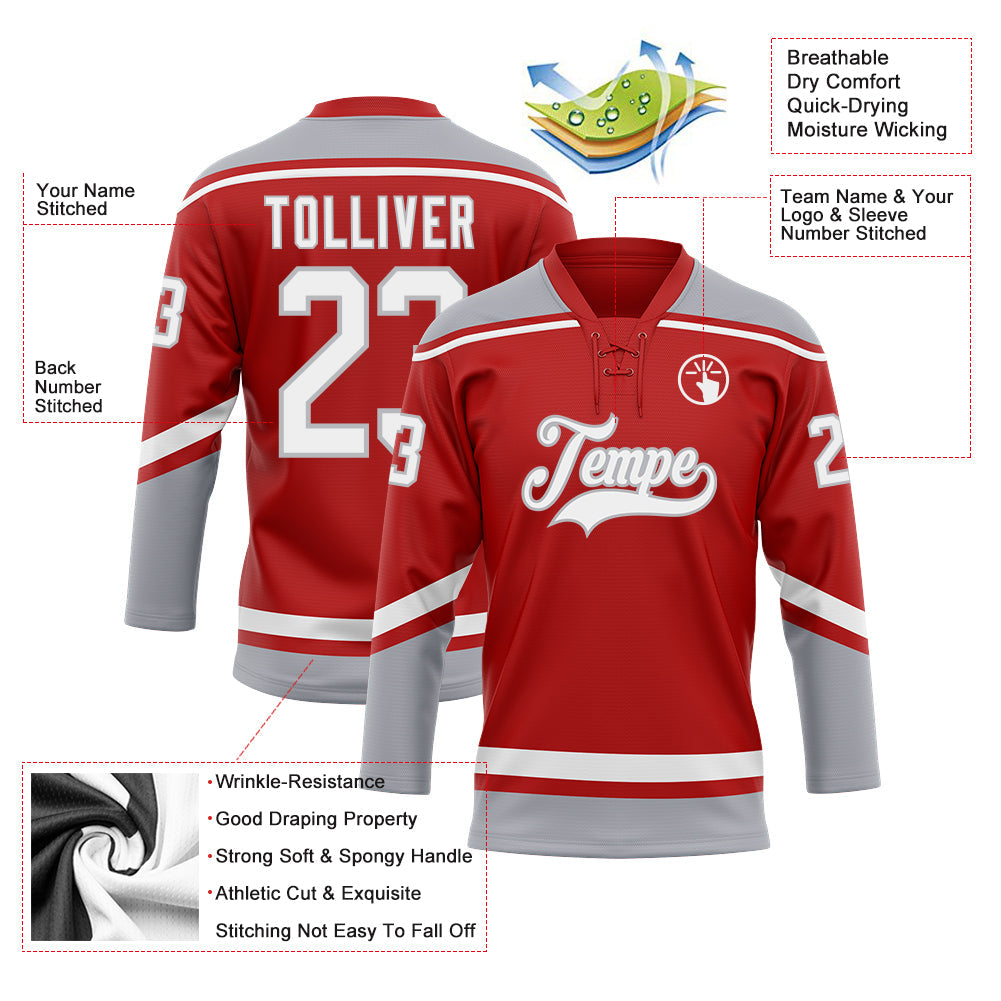 Custom Red White-Gray Hockey Lace Neck Jersey view 3