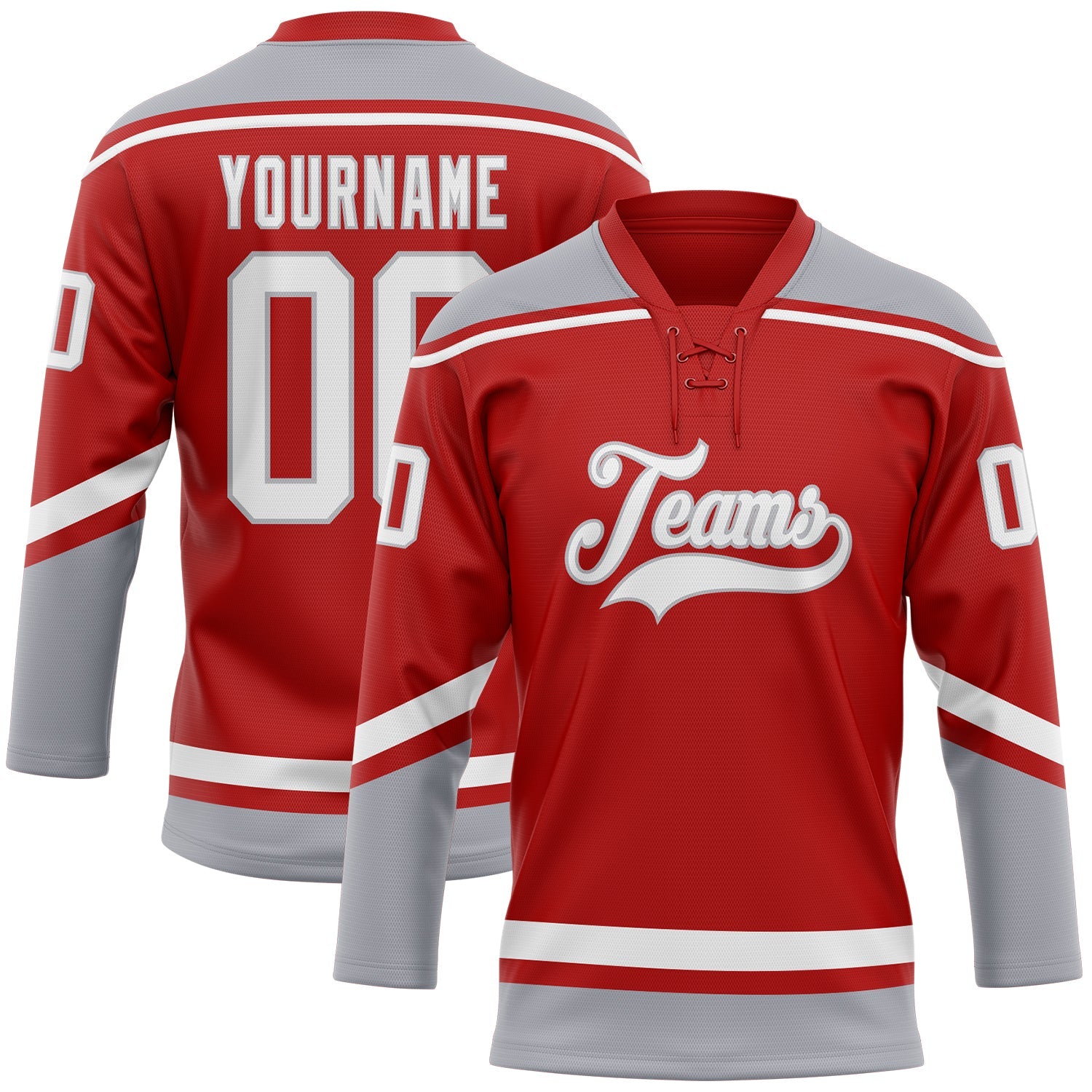 Custom Red White-Gray Hockey Lace Neck Jersey - Main View
