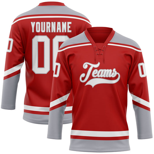 Custom Red White-Gray Hockey Lace Neck Jersey - Main View
