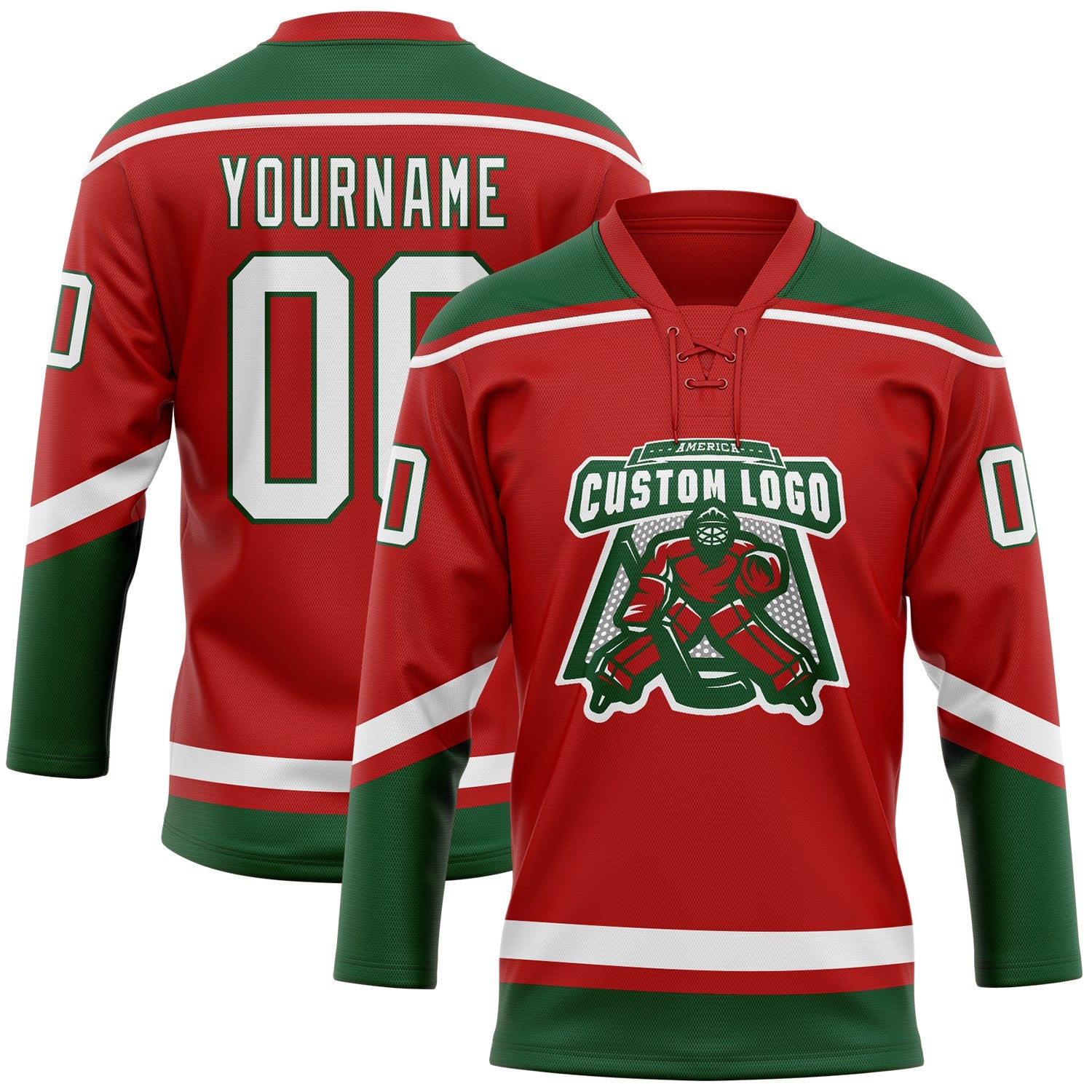 Custom Red White-Green Hockey Lace Neck Jersey view 2