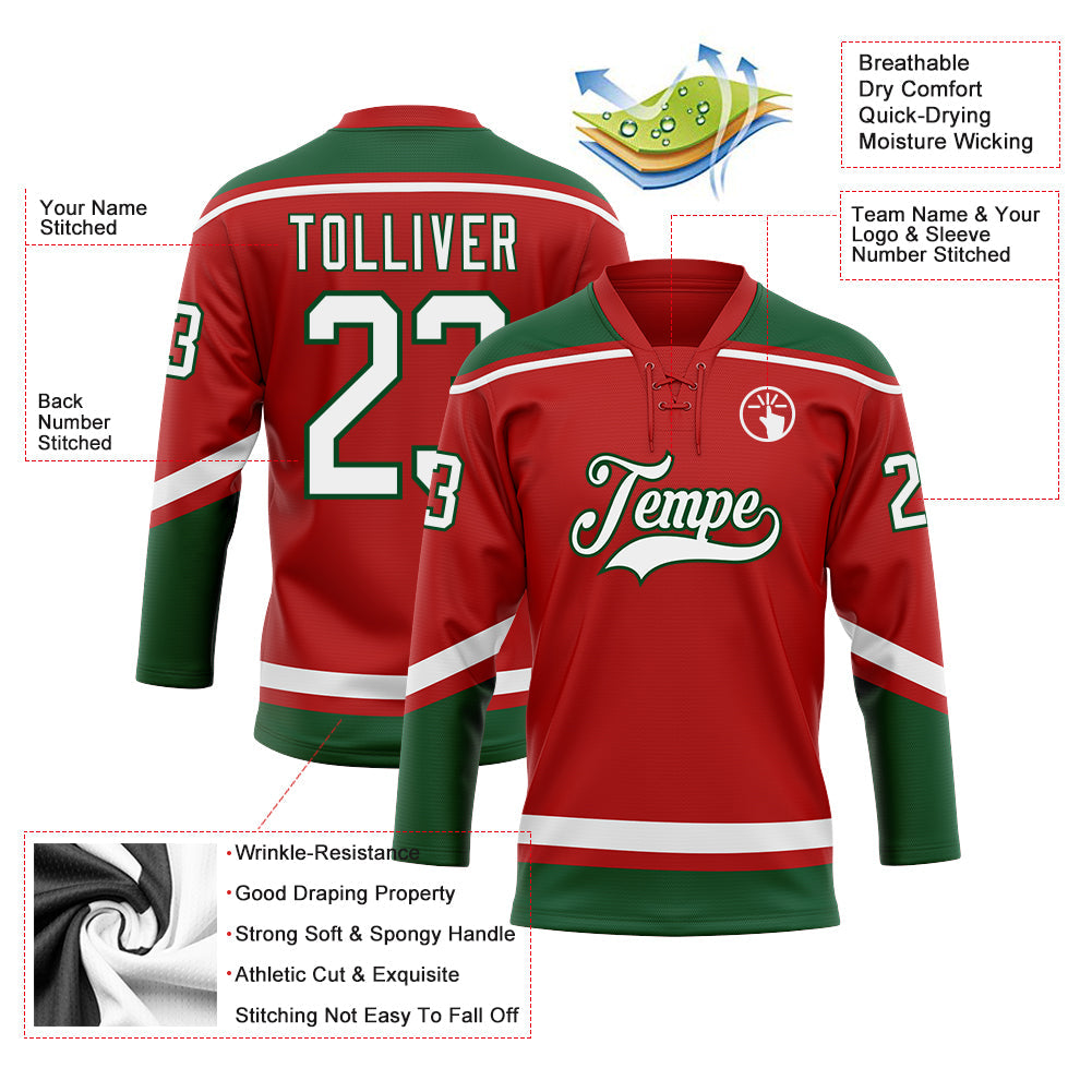 Custom Red White-Green Hockey Lace Neck Jersey view 3