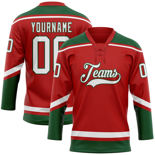 Custom Red White-Green Hockey Lace Neck Jersey - Main View
