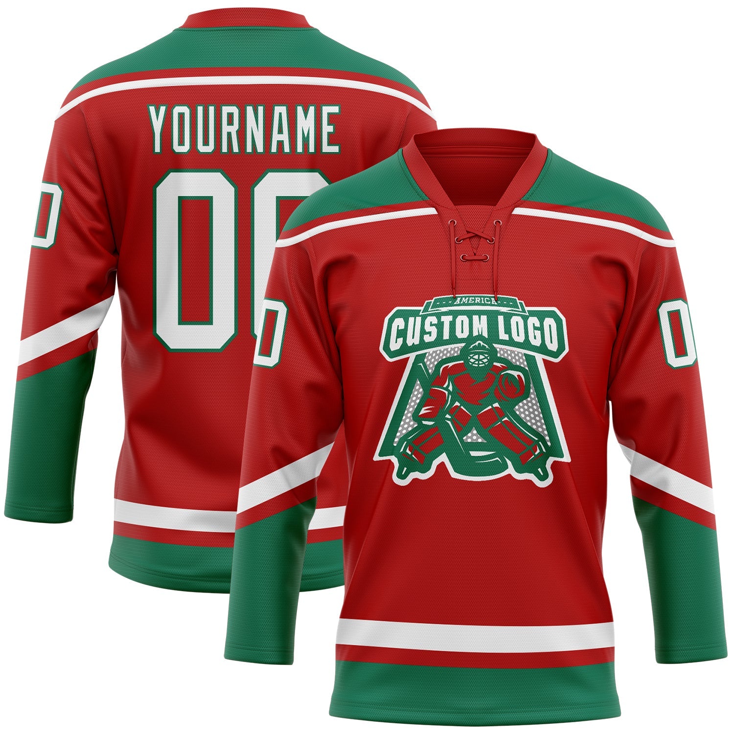Custom Red White-Kelly Green Hockey Lace Neck Jersey view 2