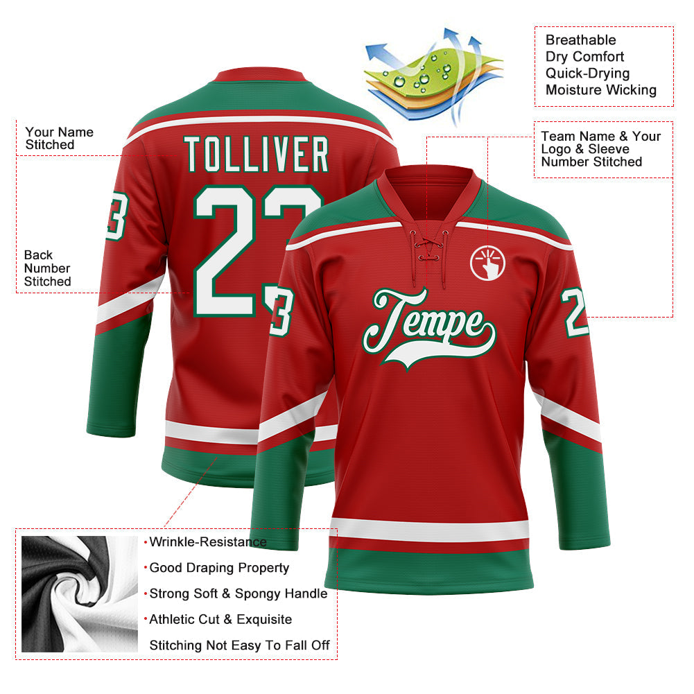 Custom Red White-Kelly Green Hockey Lace Neck Jersey view 3