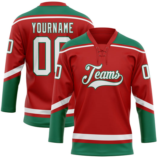 Custom Red White-Kelly Green Hockey Lace Neck Jersey - Main View