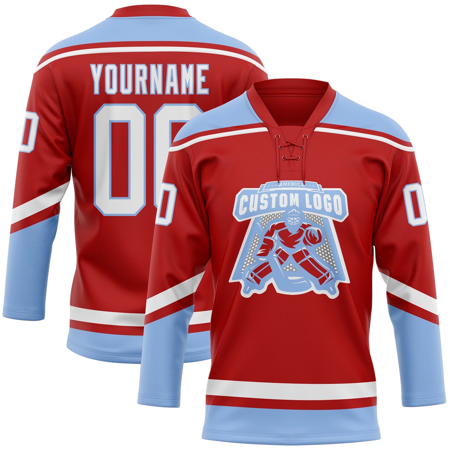 Custom Red White-Light Blue Hockey Lace Neck Jersey view 2