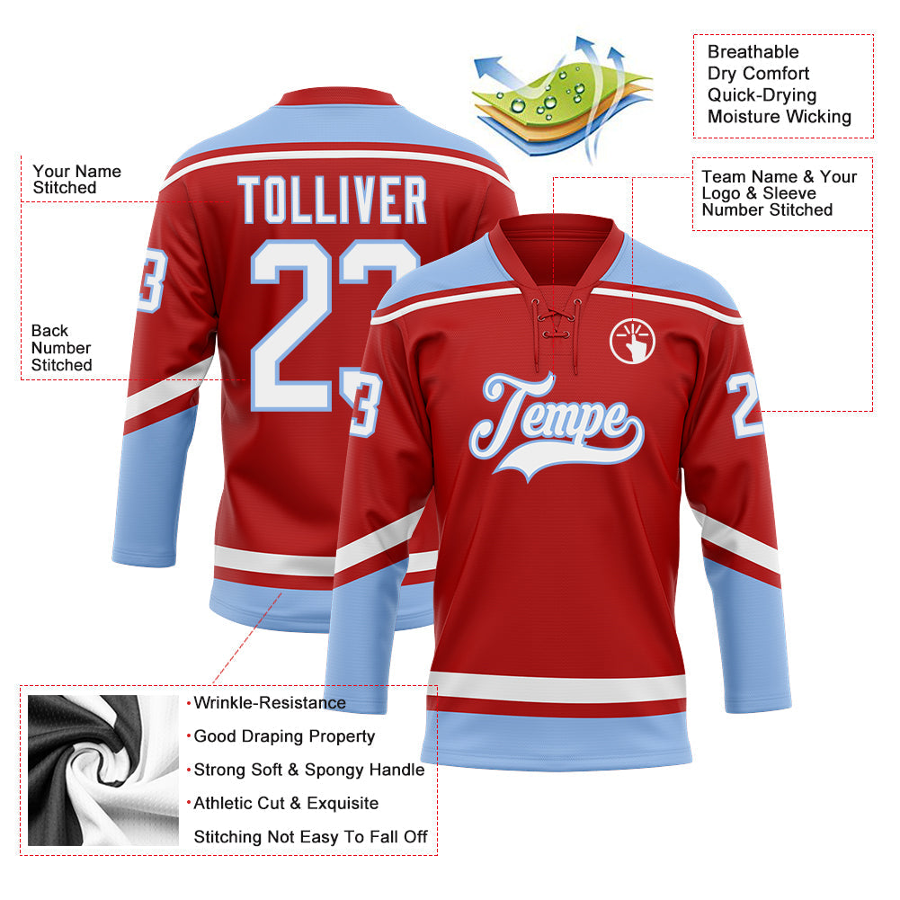 Custom Red White-Light Blue Hockey Lace Neck Jersey view 3