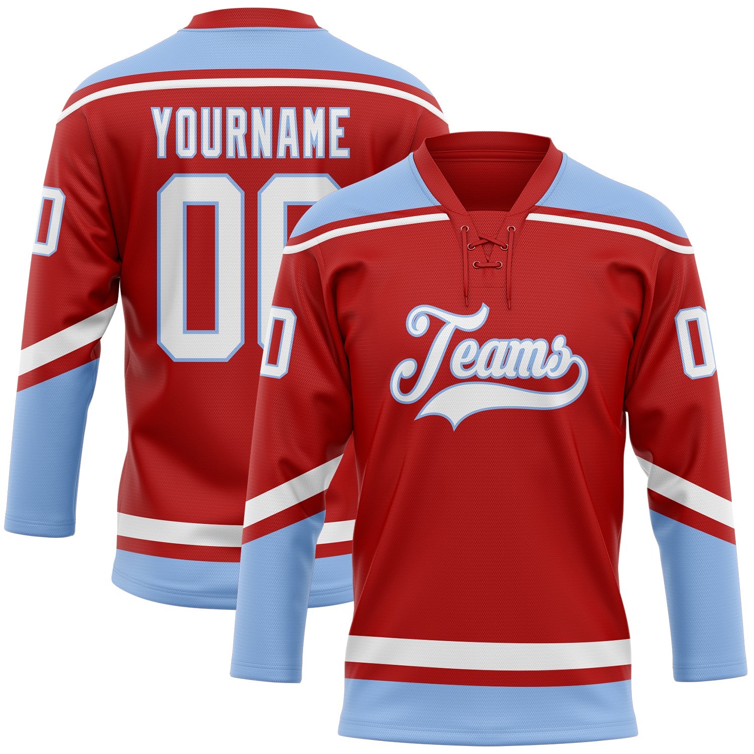 Custom Red White-Light Blue Hockey Lace Neck Jersey - Main View