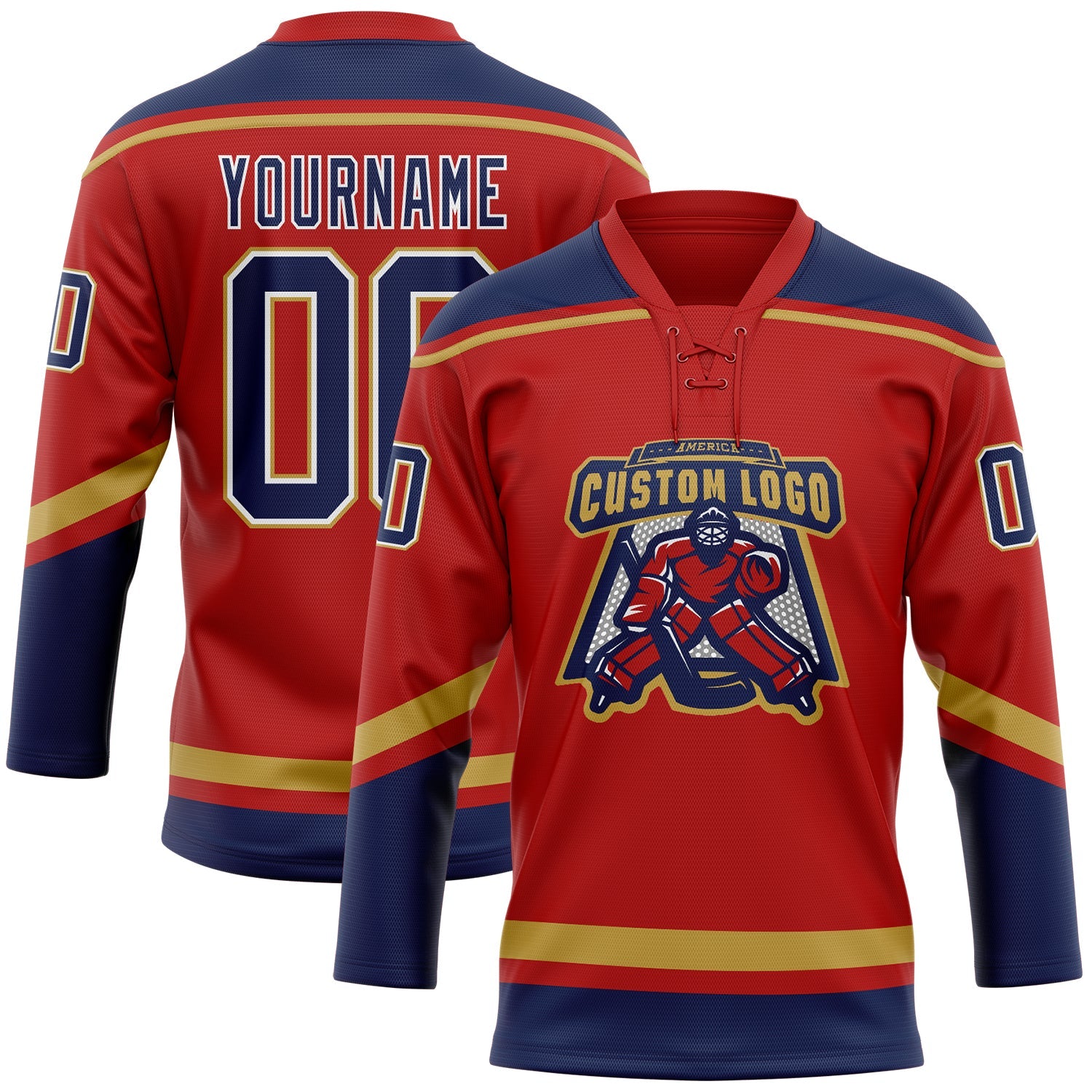 Custom Red Navy-Old Gold Hockey Lace Neck Jersey view 2