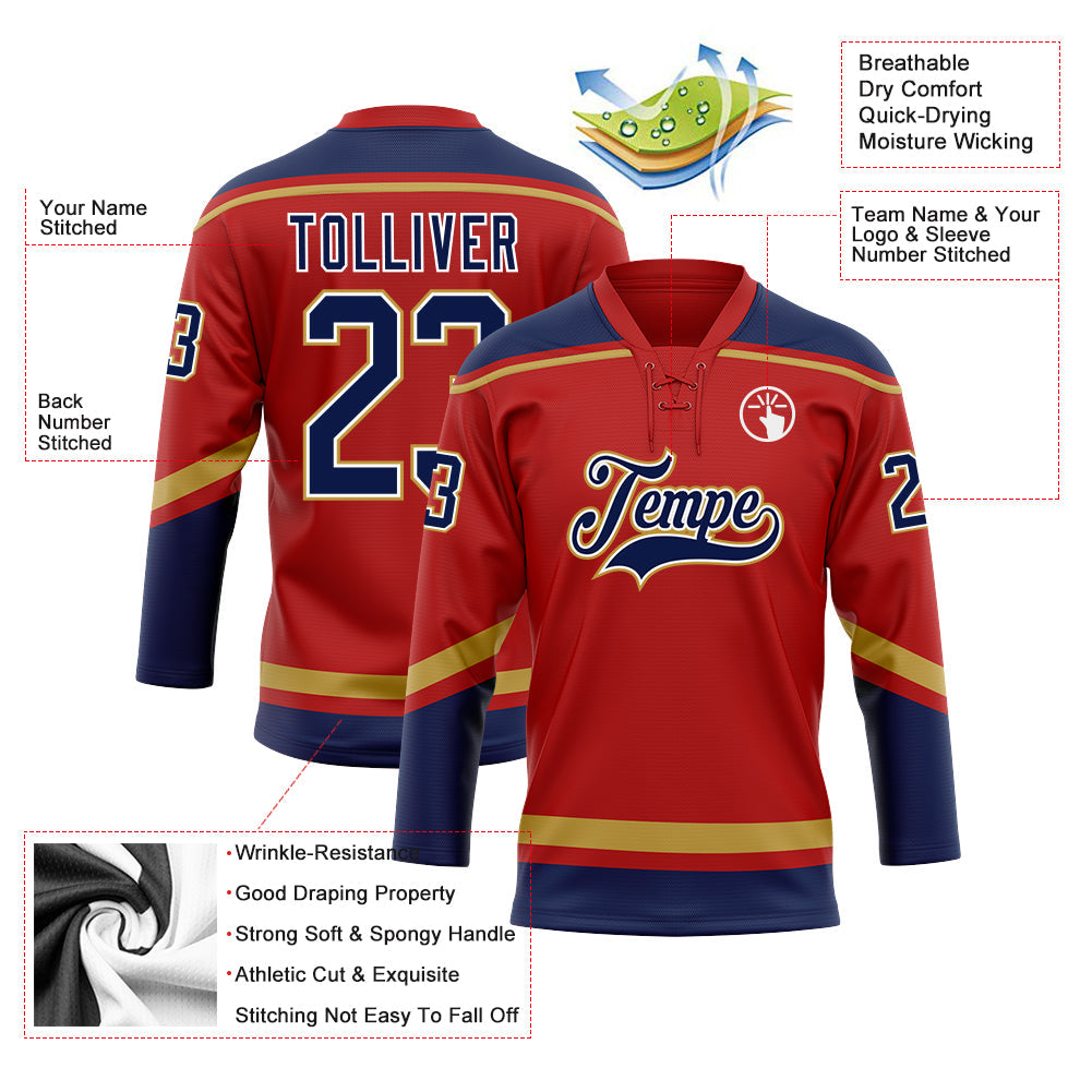 Custom Red Navy-Old Gold Hockey Lace Neck Jersey view 3
