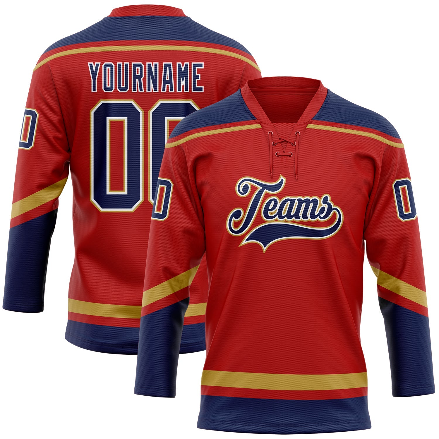 Custom Red Navy-Old Gold Hockey Lace Neck Jersey - Main View