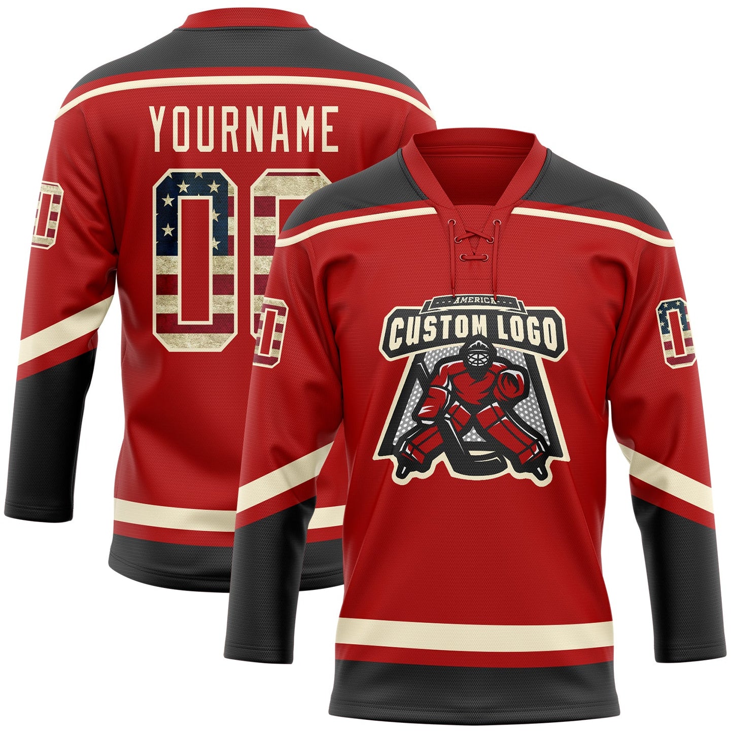 Custom Red Vintage USA Flag Black-Cream Hockey Lace Neck Jersey view 2