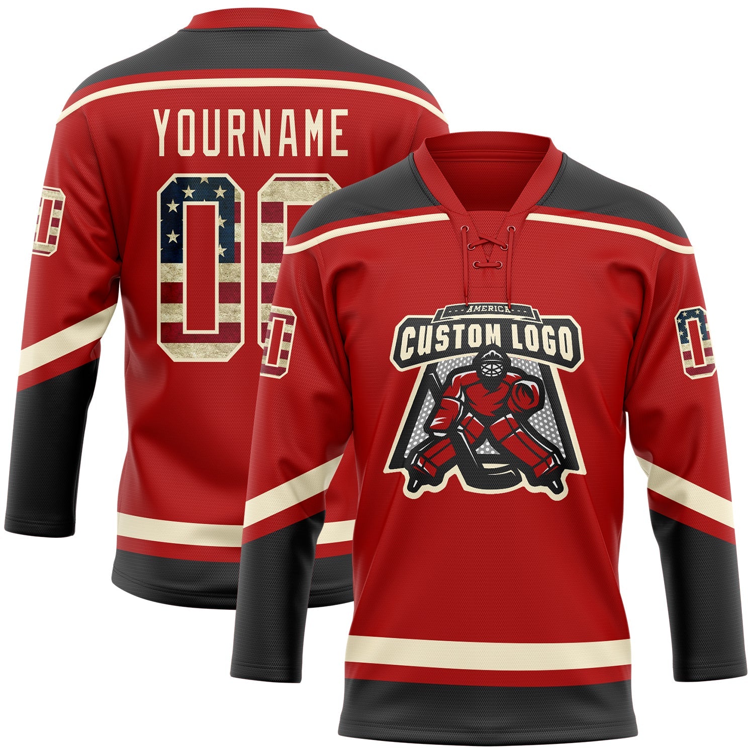 Custom Red Vintage USA Flag Black-Cream Hockey Lace Neck Jersey view 2