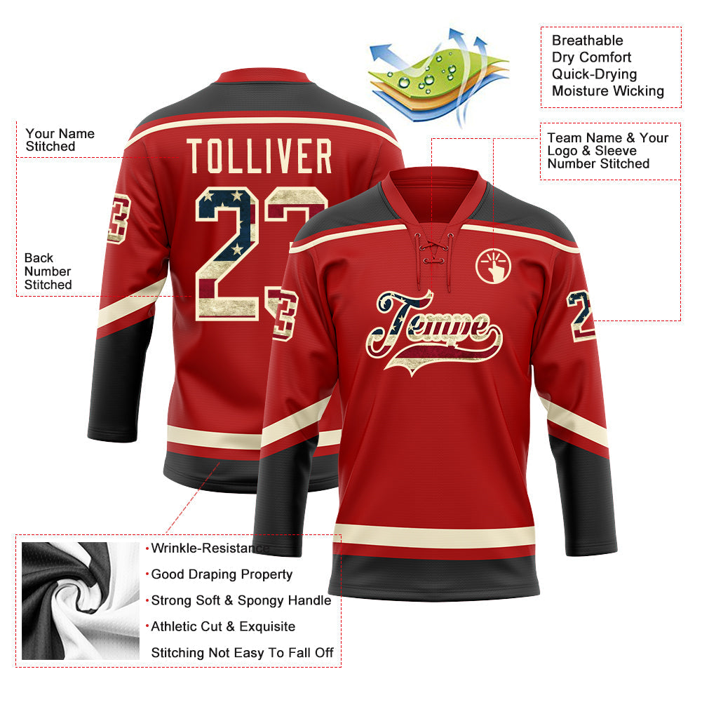 Custom Red Vintage USA Flag Black-Cream Hockey Lace Neck Jersey view 3