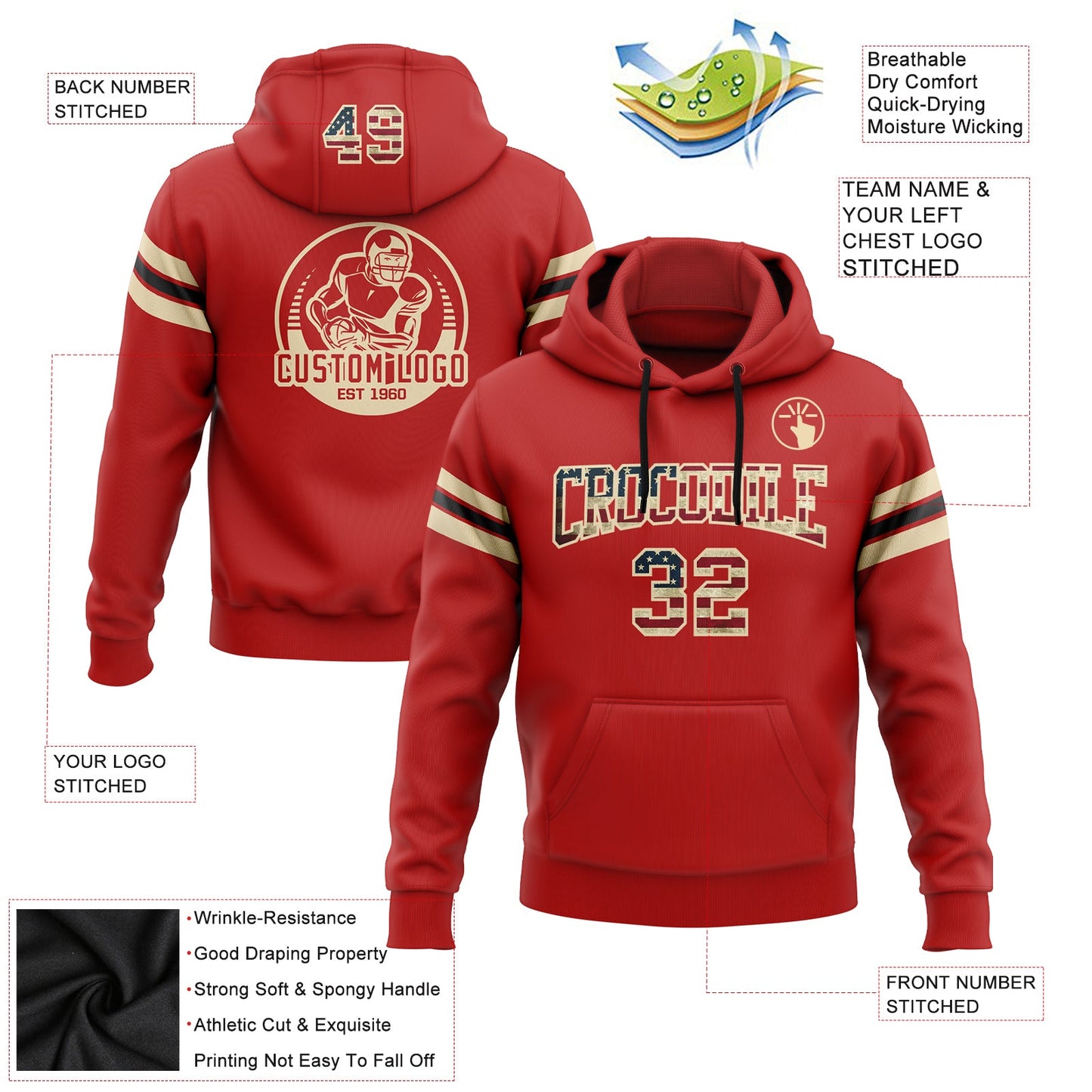 Custom Stitched Red Vintage USA Flag City Cream-Black Football Pullover Sweatshirt Hoodie view 2