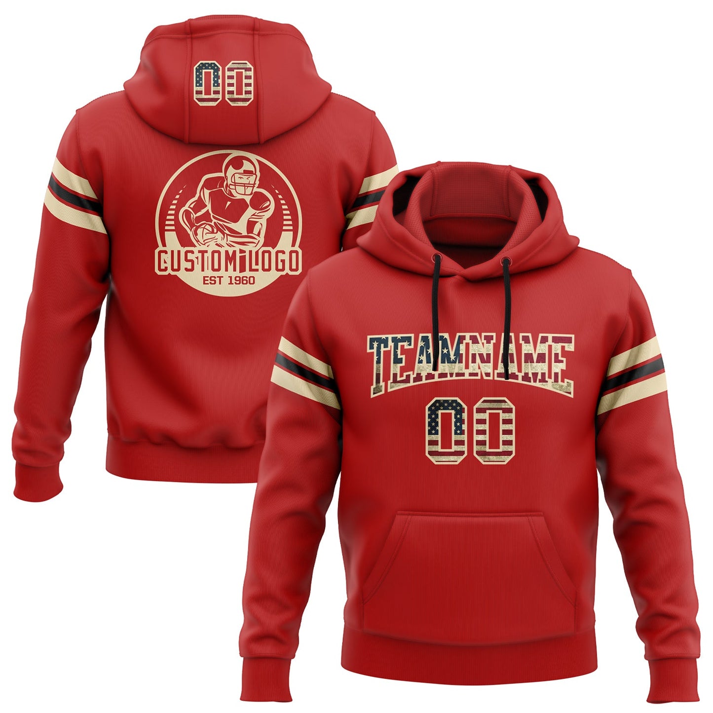 Custom Stitched Red Vintage USA Flag City Cream-Black Football Pullover Sweatshirt Hoodie - Main View
