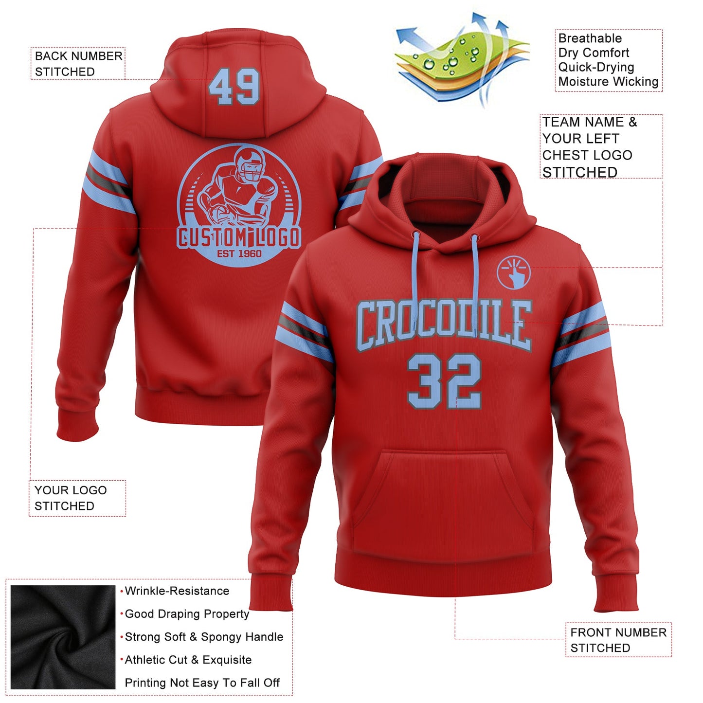 Custom Stitched Red Light Blue-Steel Gray Football Pullover Sweatshirt Hoodie view 2