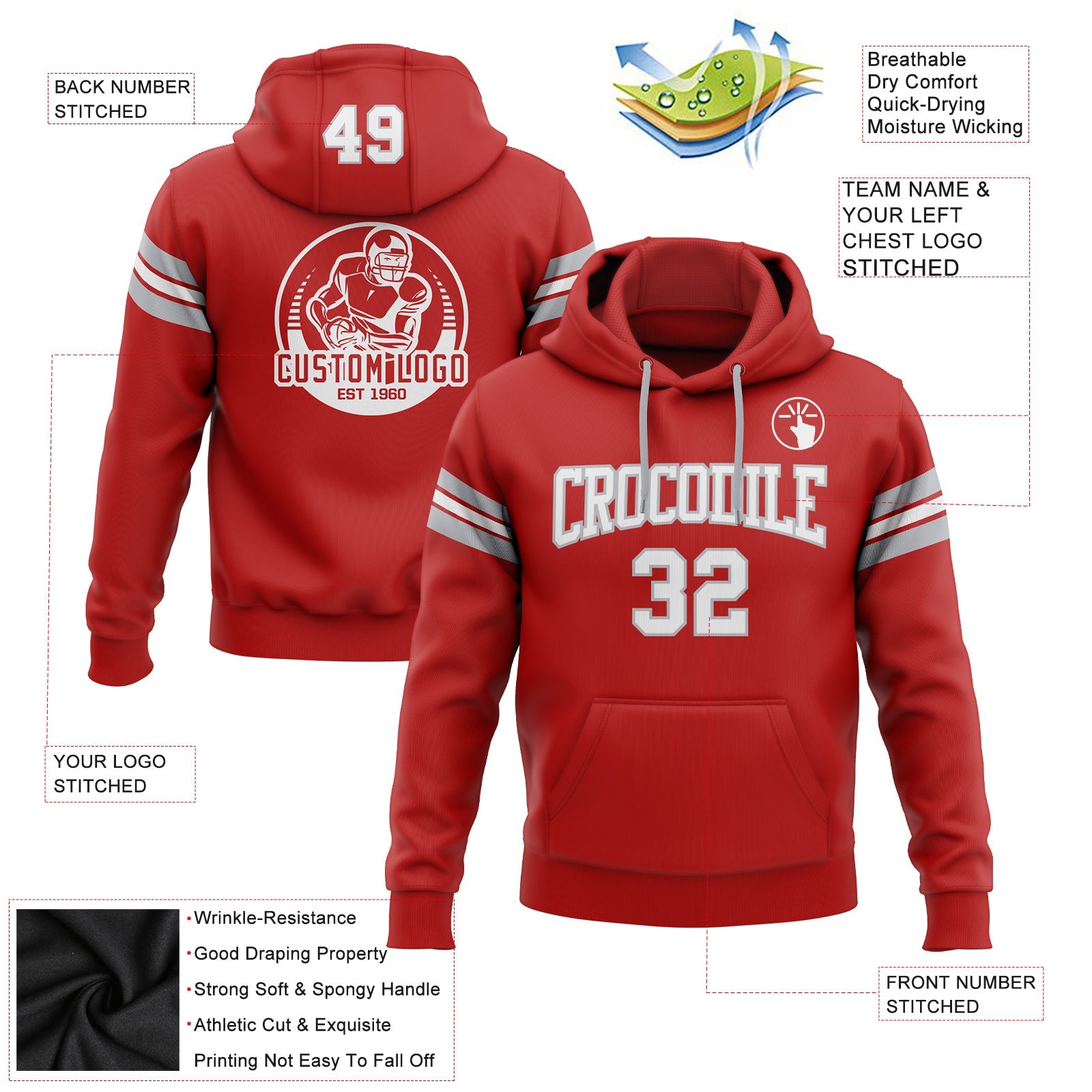 Custom Stitched Red White-Gray Football Pullover Sweatshirt Hoodie view 2