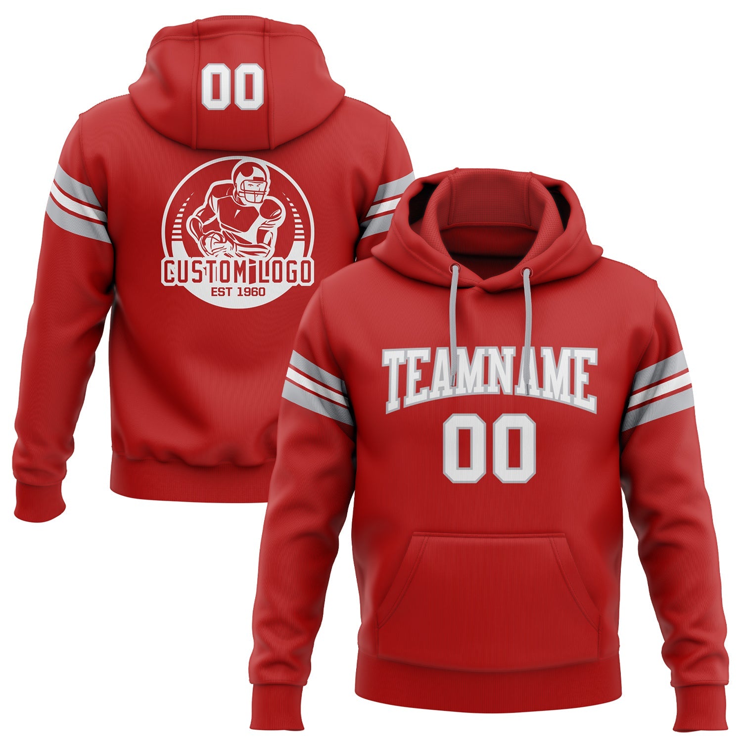 Custom Stitched Red White-Gray Football Pullover Sweatshirt Hoodie - Main View