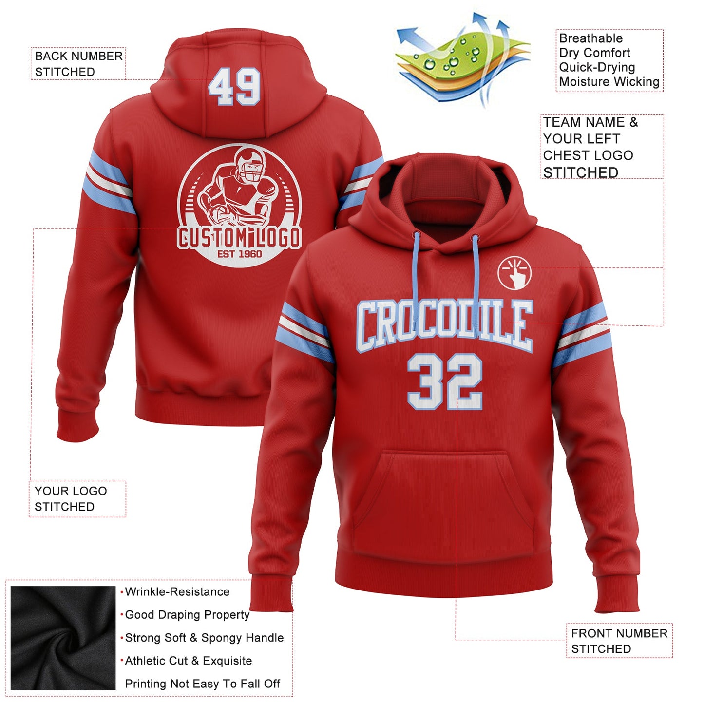 Custom Stitched Red White-Light Blue Football Pullover Sweatshirt Hoodie view 2