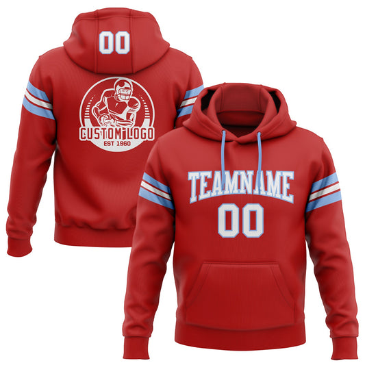 Custom Stitched Red White-Light Blue Football Pullover Sweatshirt Hoodie - Main View