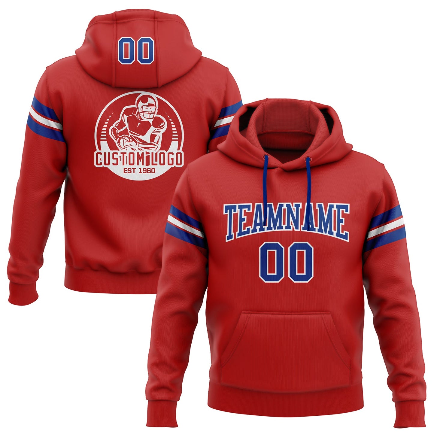 Custom Stitched Red Royal-White Football Pullover Sweatshirt Hoodie - Main View