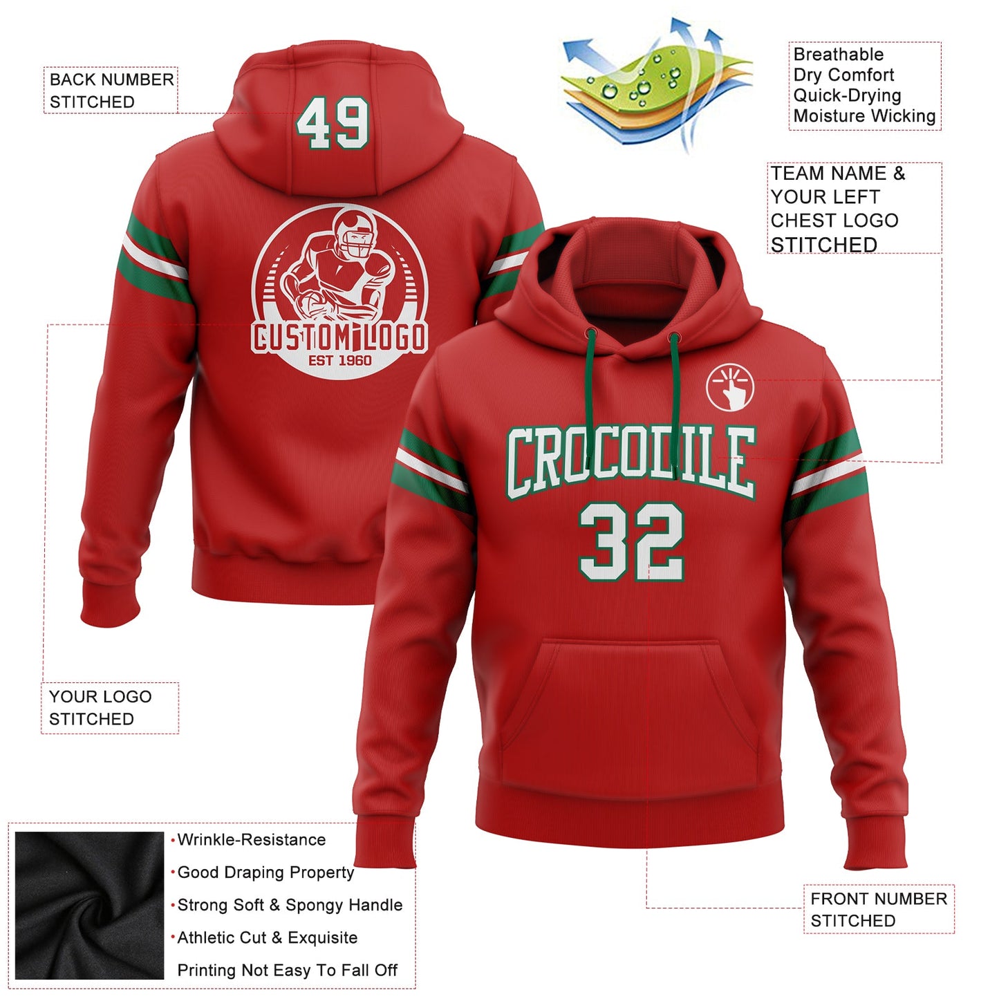 Custom Stitched Red White-Kelly Green Football Pullover Sweatshirt Hoodie view 2